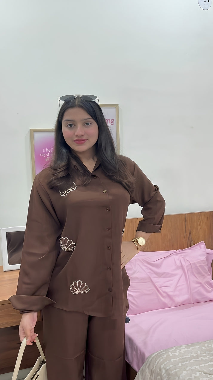 Cocoa Brown Beaded Co-ord Set for Women