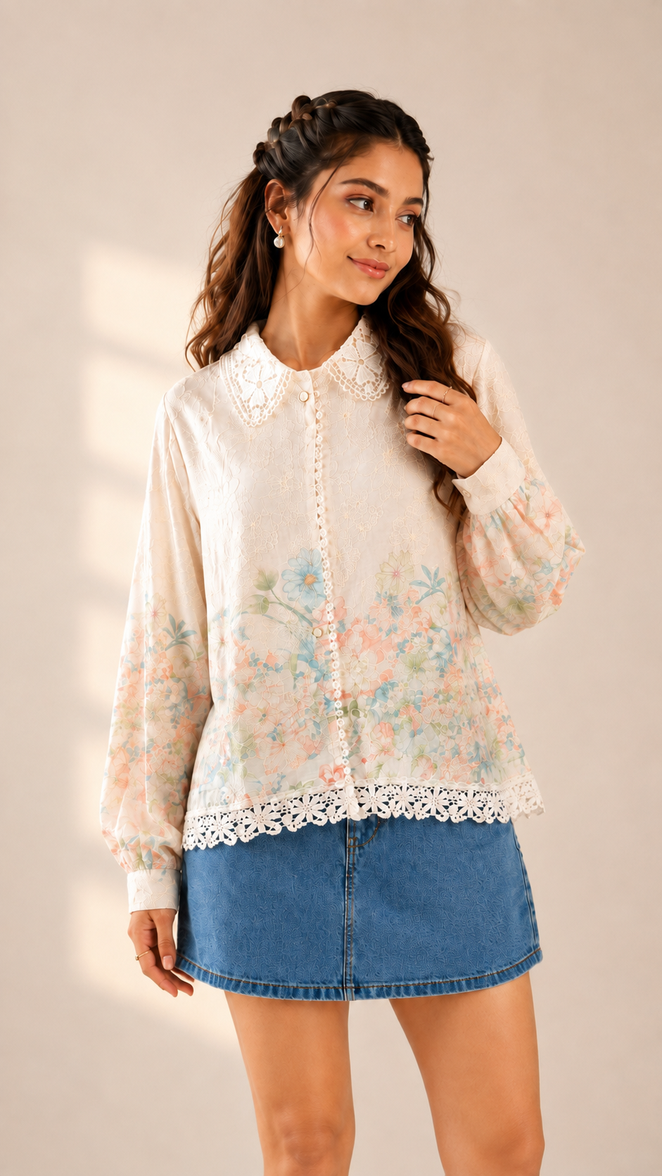 Dreamy Garden Lace Button Shirt for Women
