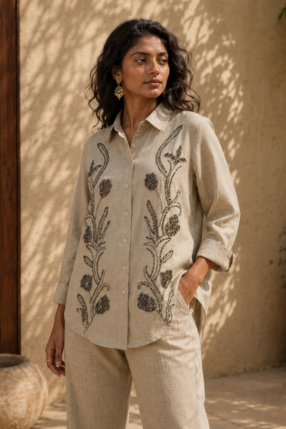 Beige Floral Embroidered Co-ord Set