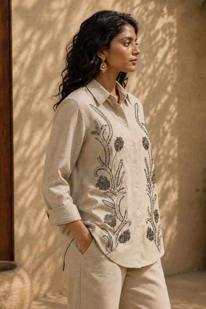 Beige Floral Embroidered Co-ord Set