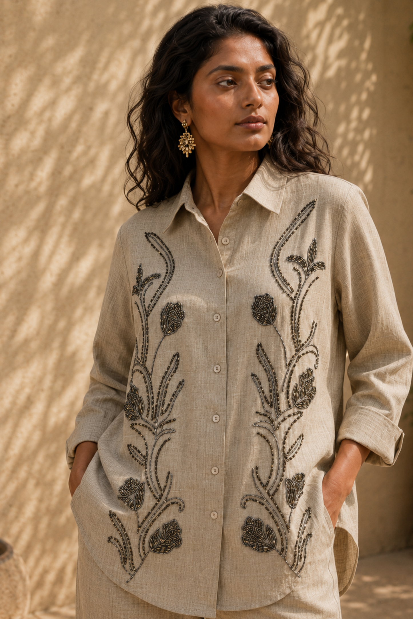 Beige Floral Embroidered Co-ord Set