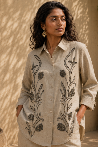Beige Floral Embroidered Co-ord Set