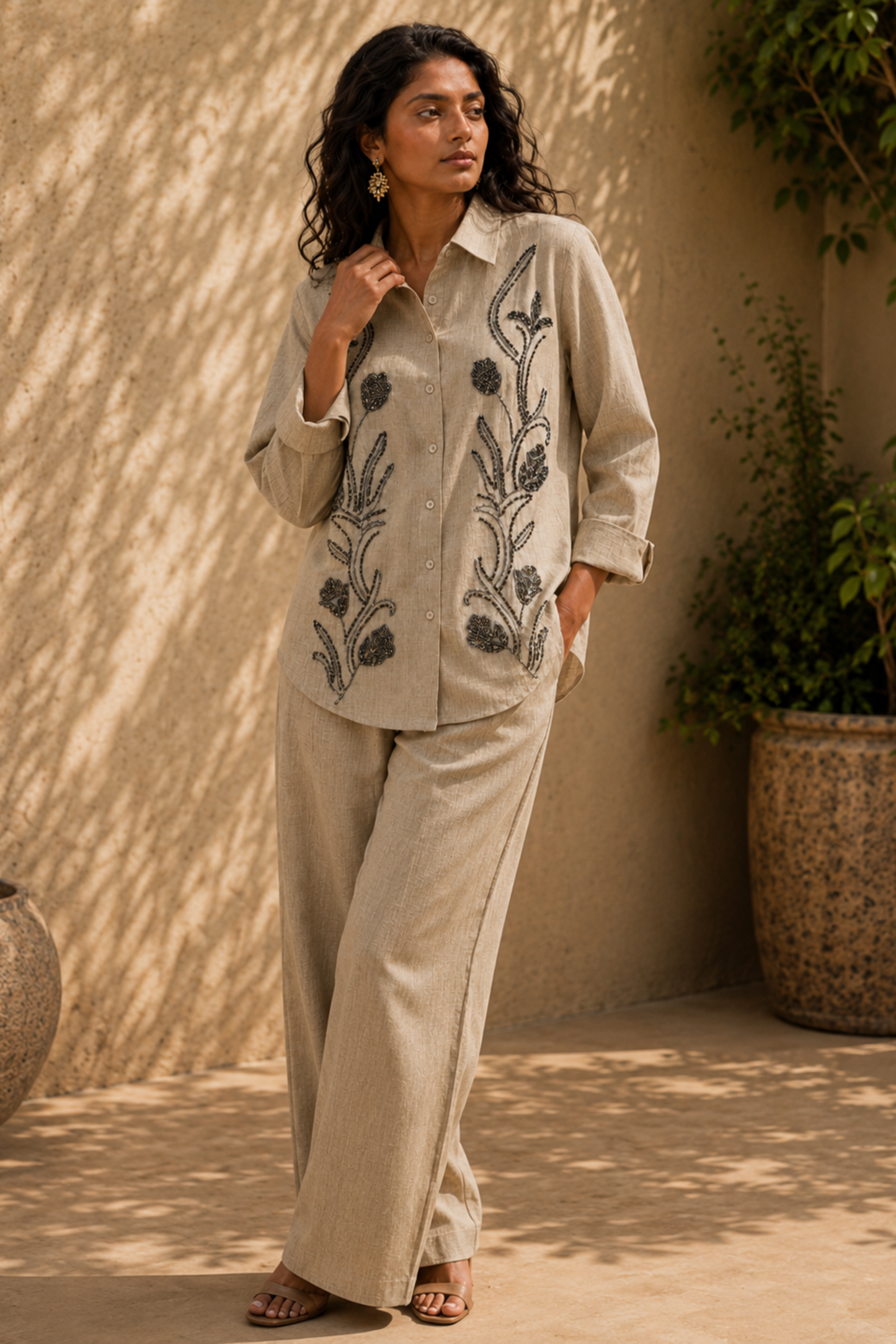 Beige Floral Embroidered Co-ord Set