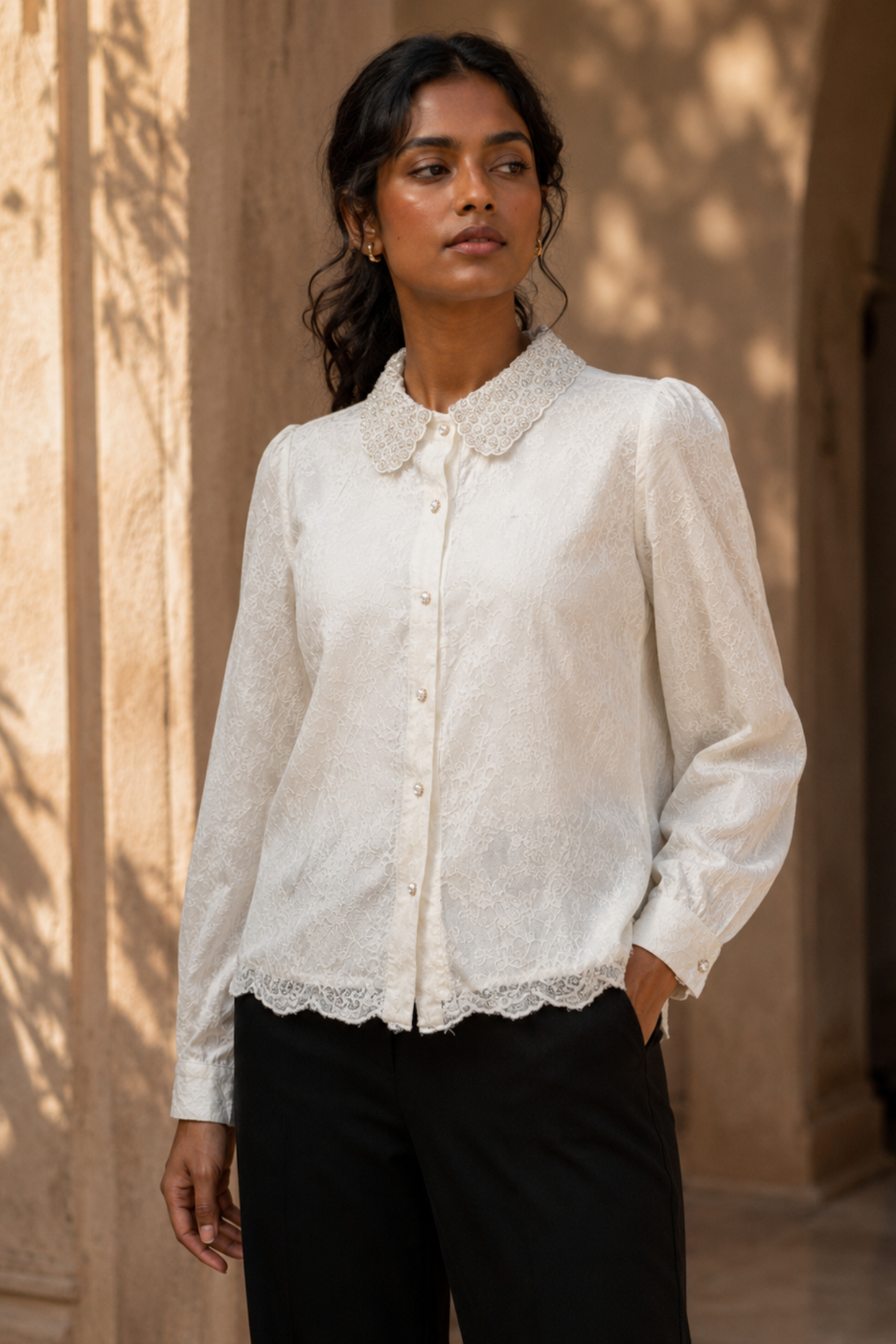 Ivory Lace Detail Shirt with Black Wide-Leg Trousers