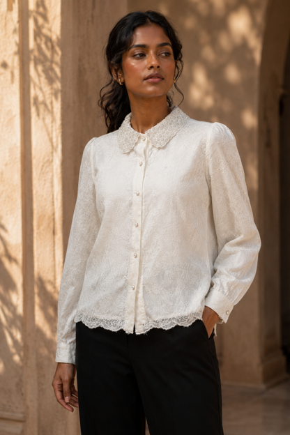 Ivory Lace Detail Shirt with Black Wide-Leg Trousers