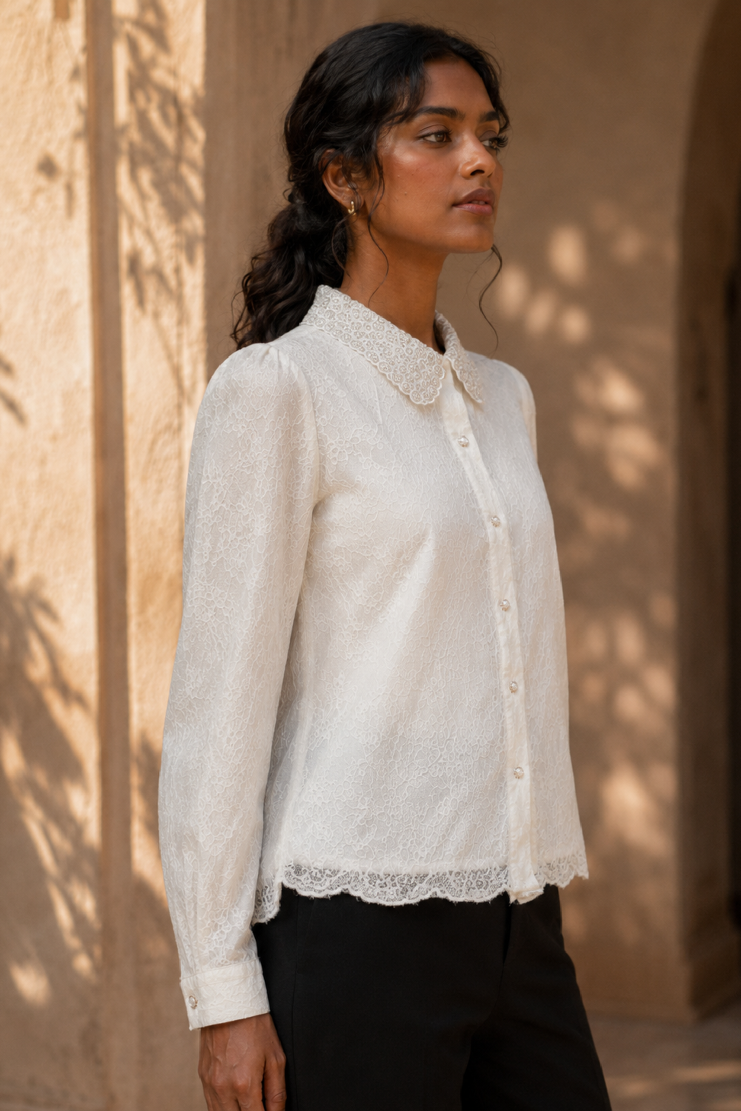 Ivory Lace Detail Shirt with Black Wide-Leg Trousers
