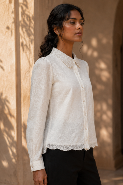 Ivory Lace Detail Shirt with Black Wide-Leg Trousers