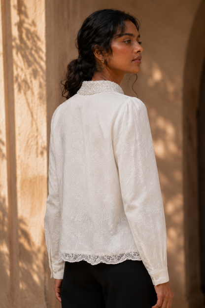 Ivory Lace Detail Shirt with Black Wide-Leg Trousers