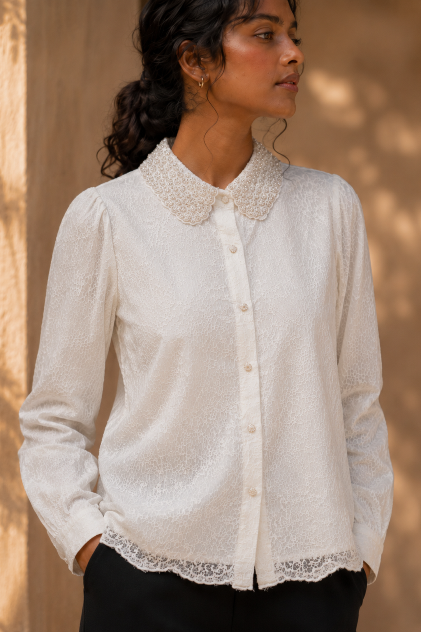 Ivory Lace Detail Shirt with Black Wide-Leg Trousers