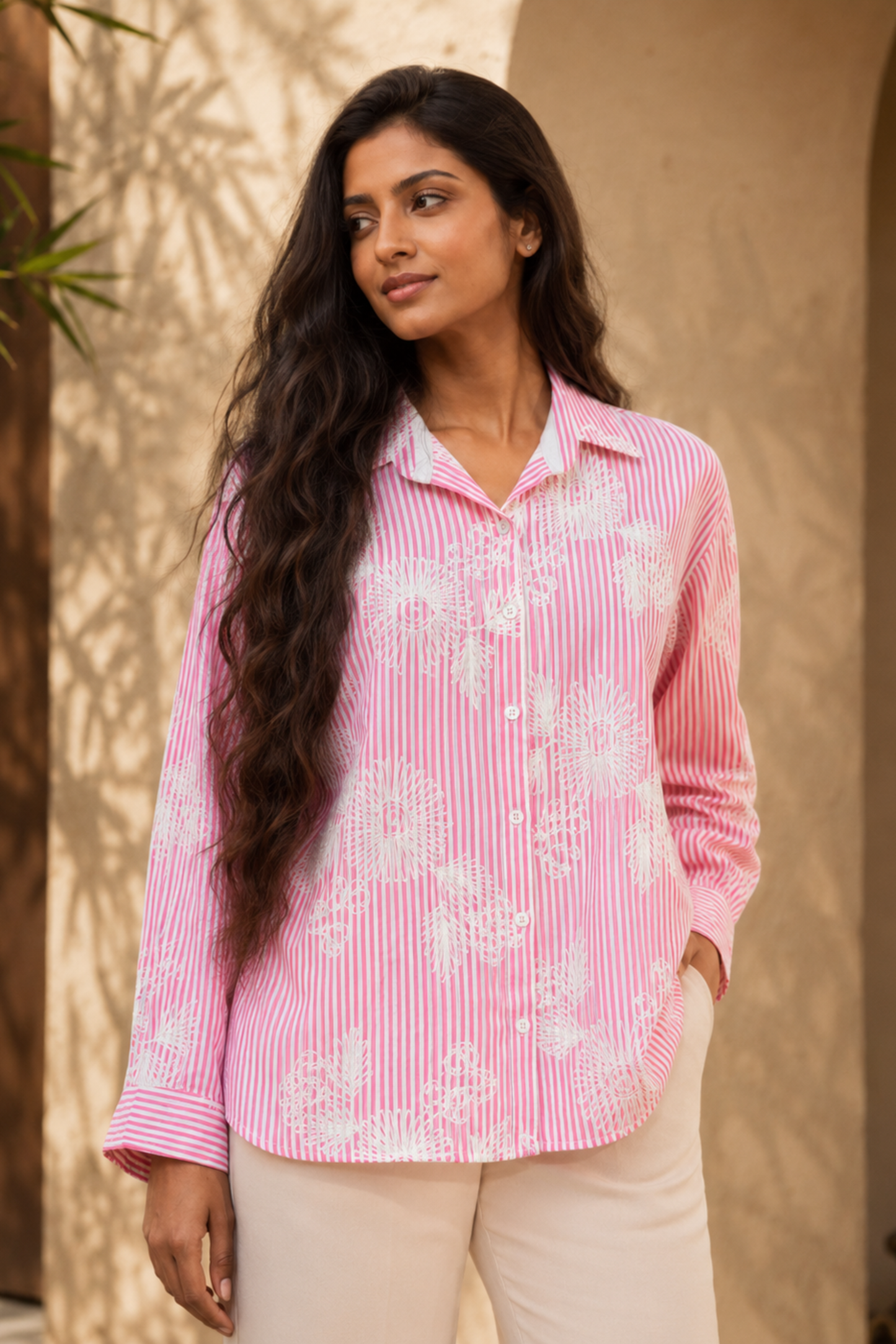 Pink Striped Floral Print Shirt
