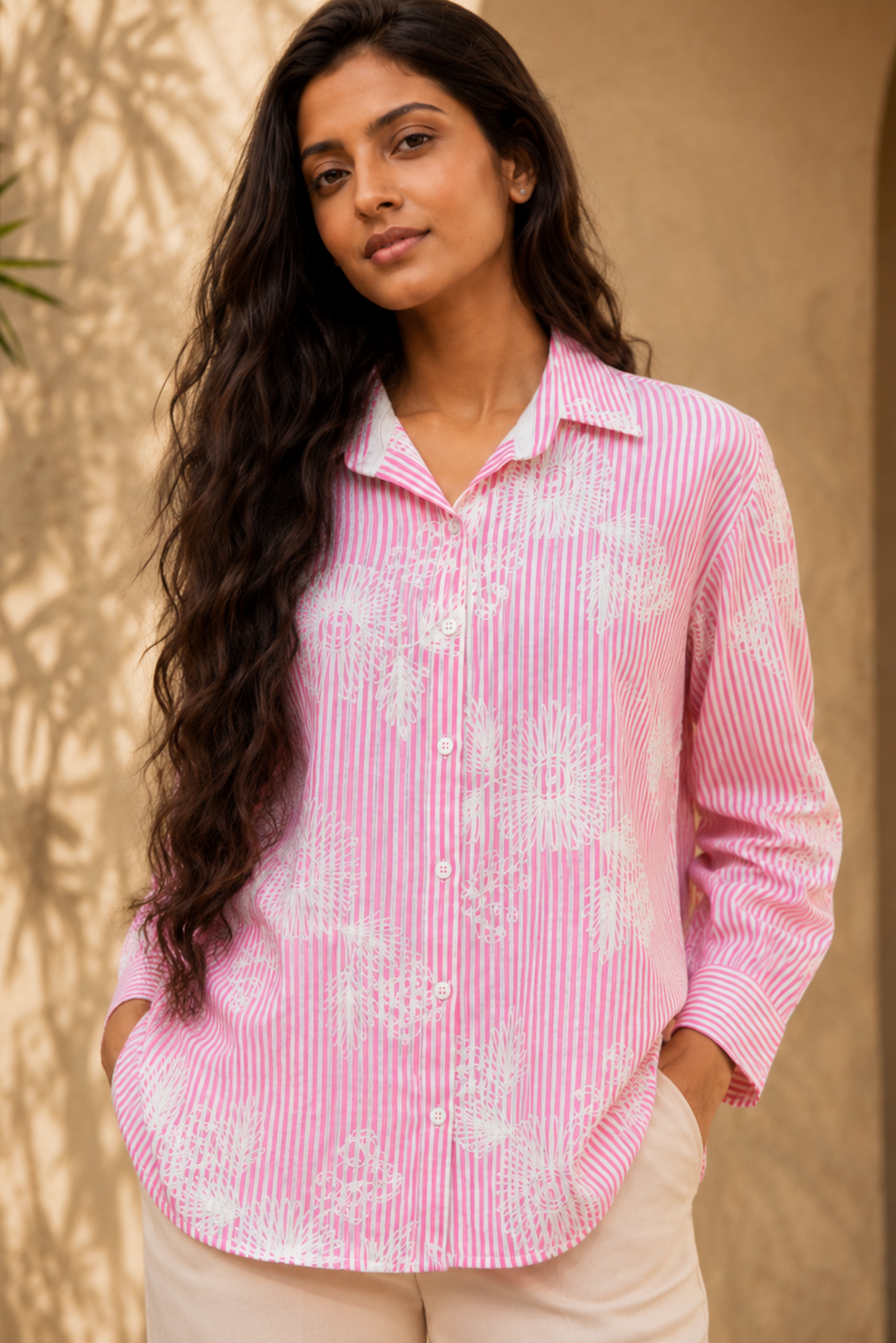 Pink Striped Floral Print Shirt