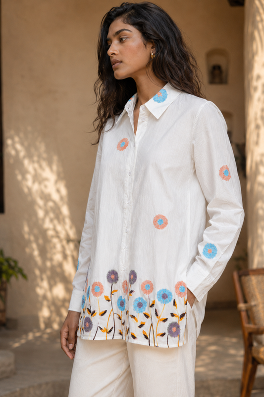 White Floral Embroidered Shirt