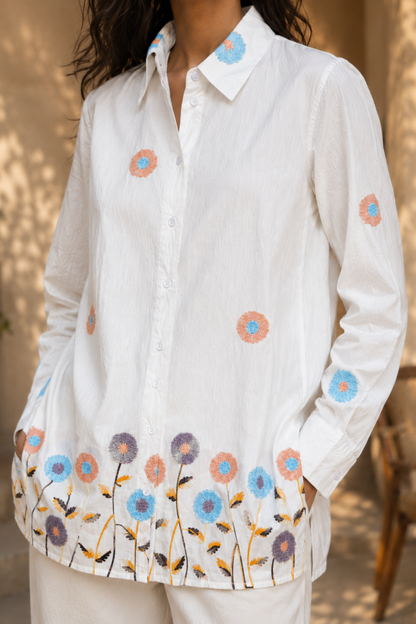White Floral Embroidered Shirt