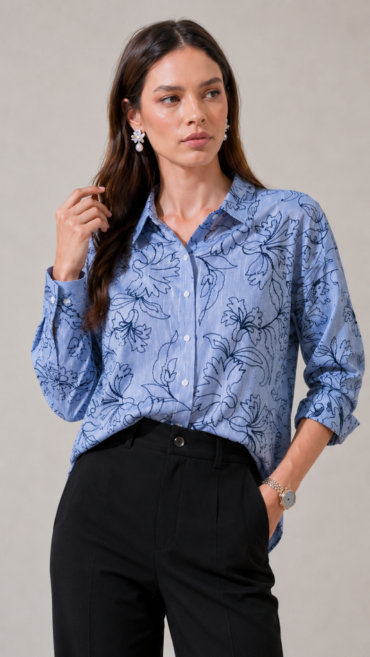 Blue Striped Floral Print Shirt
