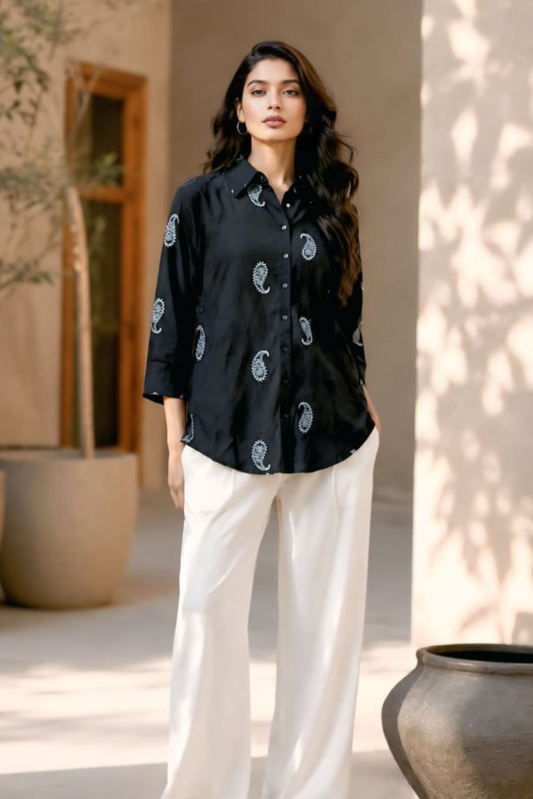 Black Paisley Embroidered Shirt