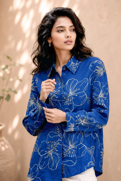 Royal Blue Floral Embroidered Shirt