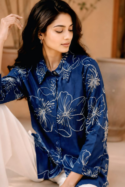 Royal Blue Floral Embroidered Shirt