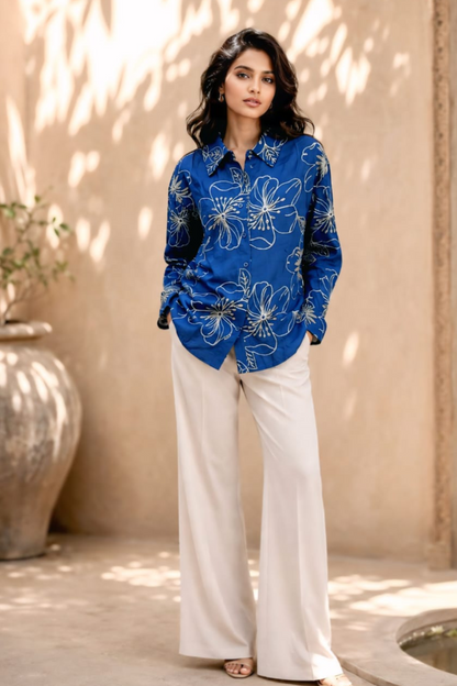 Royal Blue Floral Embroidered Shirt