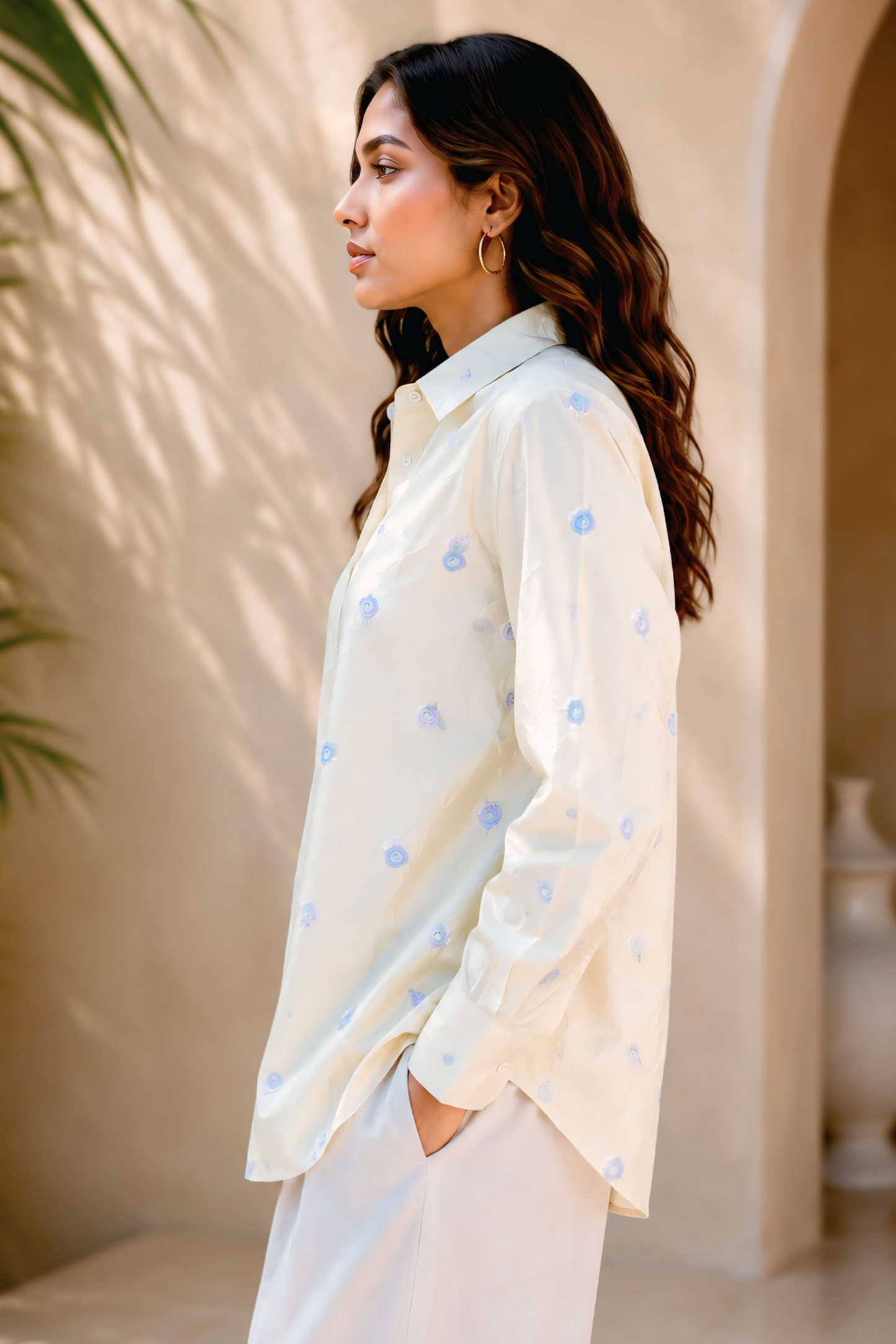 Pastel Yellow Floral Embroidered Shirt
