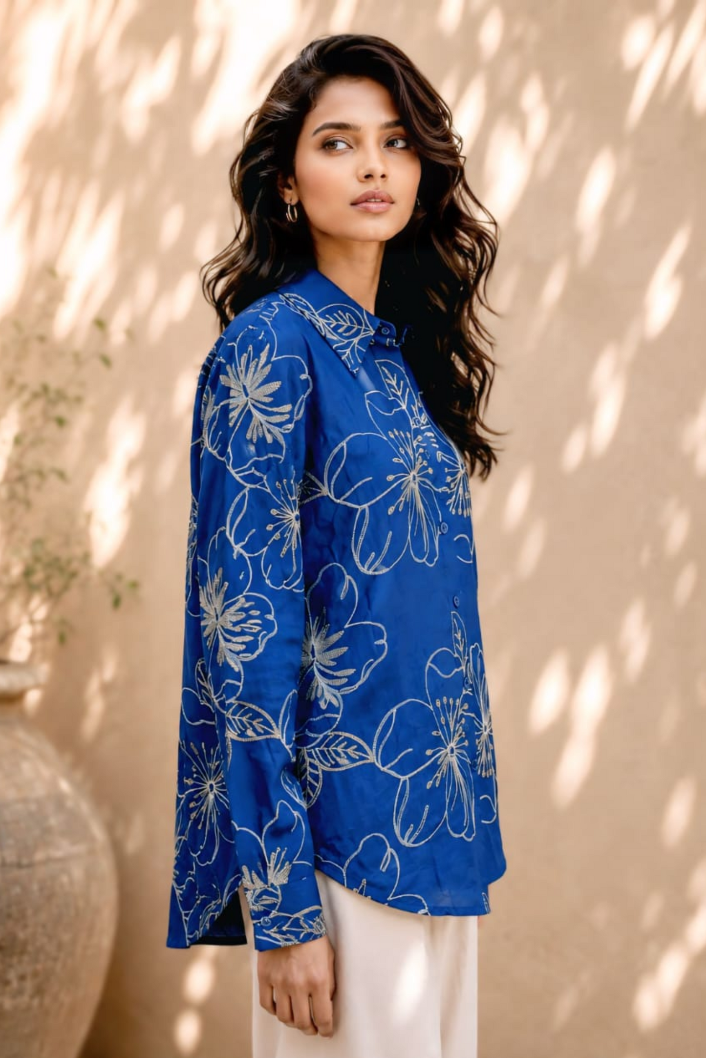 Royal Blue Floral Embroidered Shirt