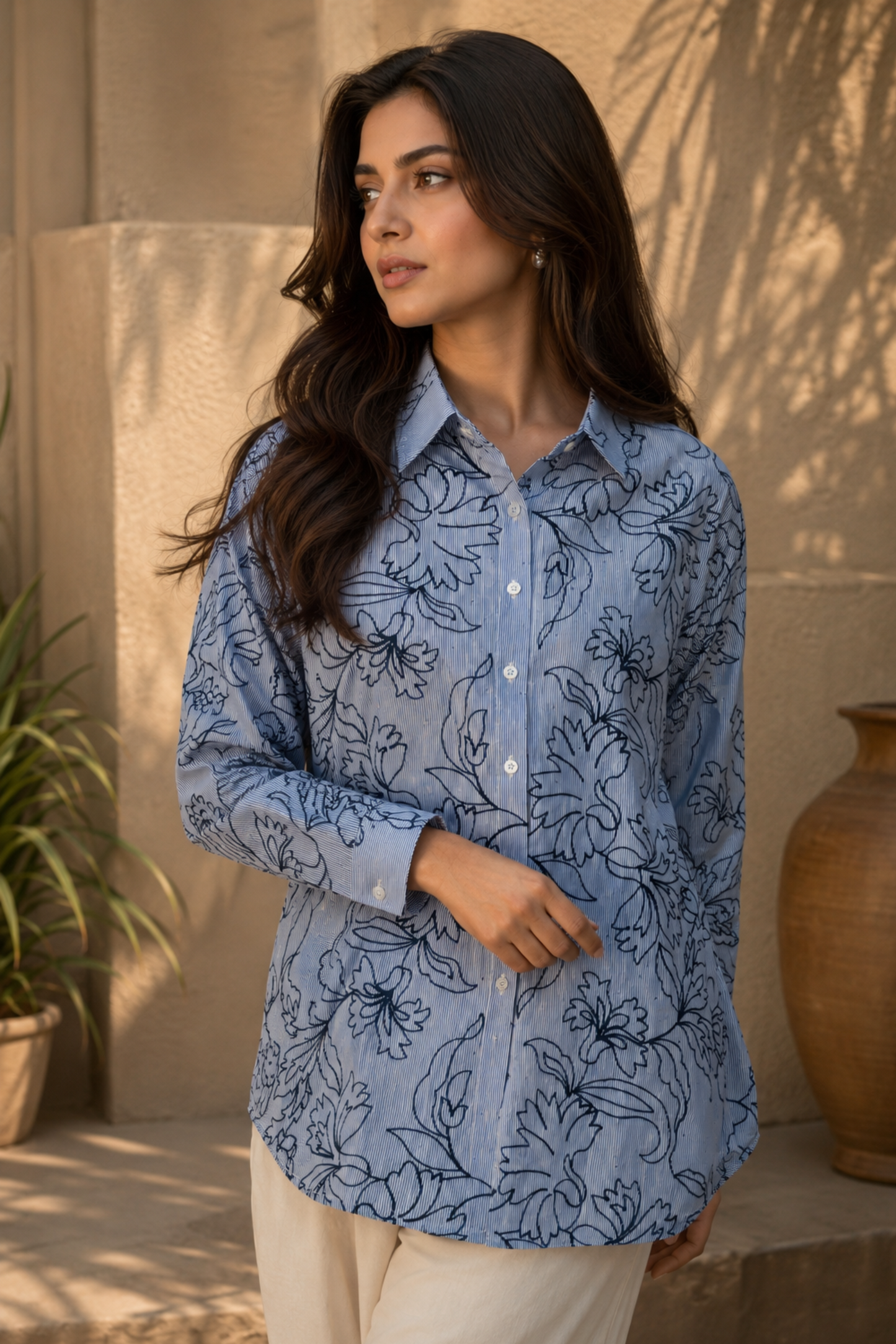 Blue Striped Floral Print Shirt