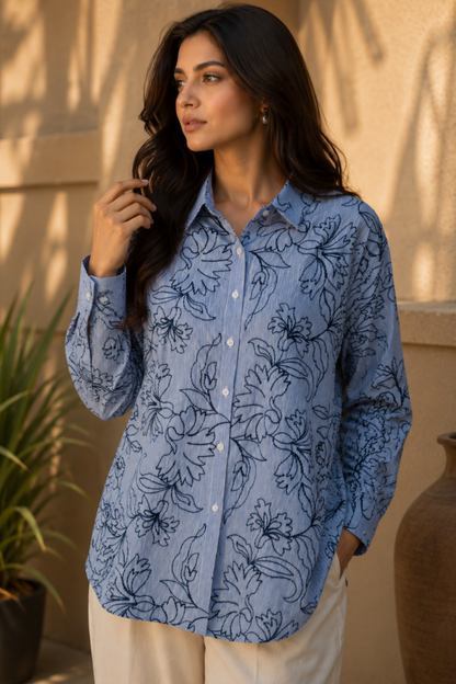 Blue Striped Floral Print Shirt
