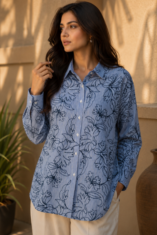 Blue Striped Floral Print Shirt
