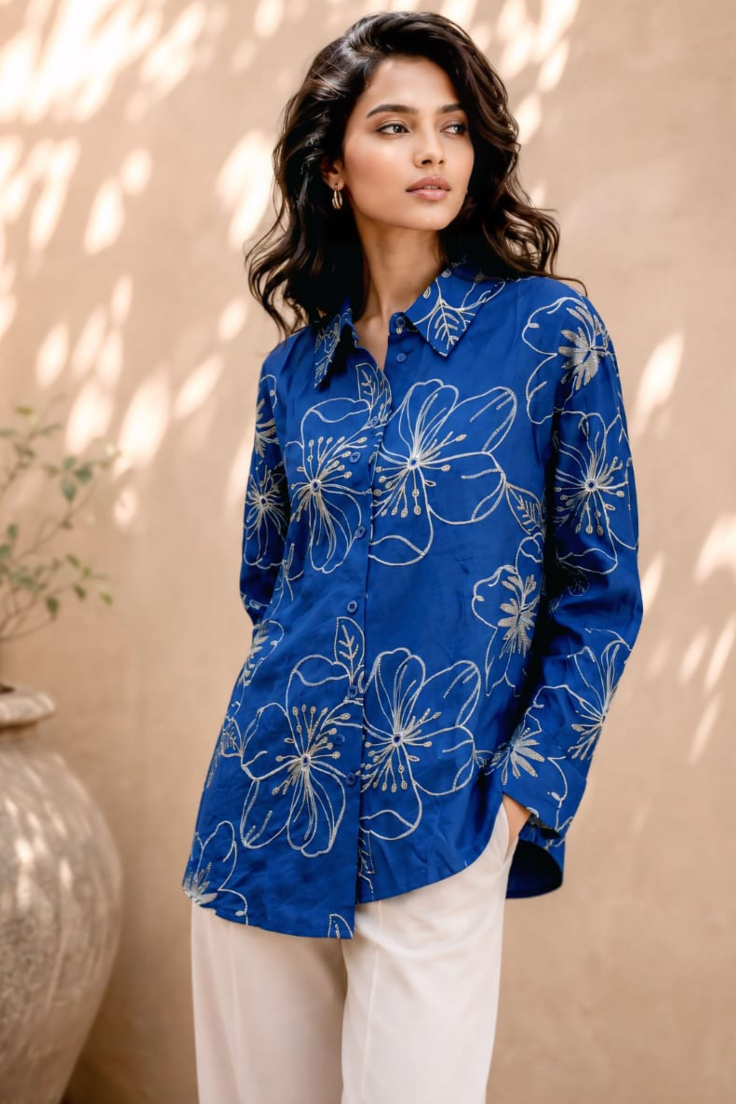 Royal Blue Floral Embroidered Shirt