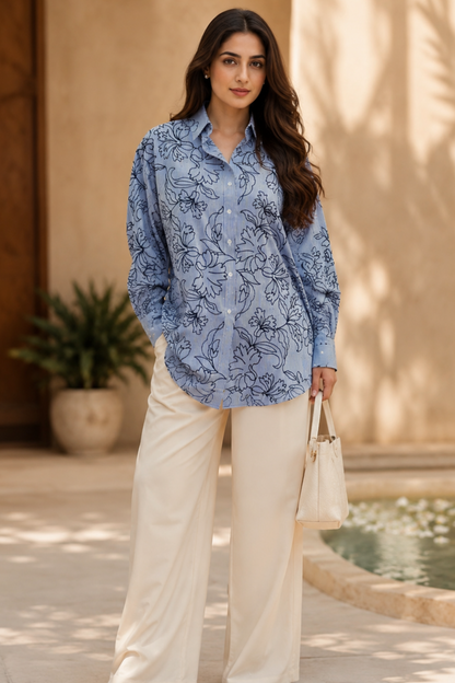 Blue Striped Floral Print Shirt
