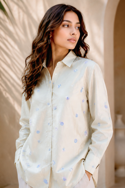 Pastel Yellow Floral Embroidered Shirt