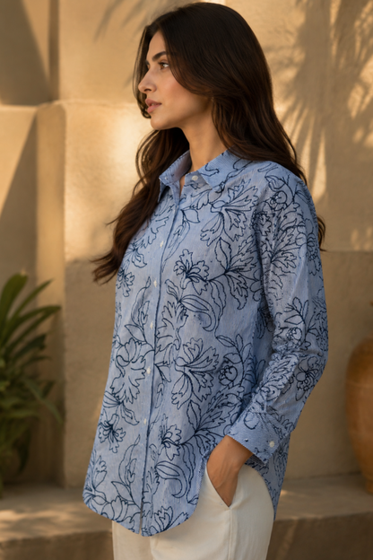 Blue Striped Floral Print Shirt