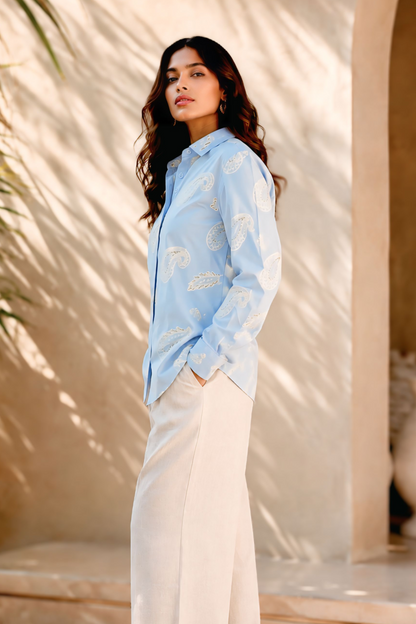 Pastel Blue Paisley Print Shirt