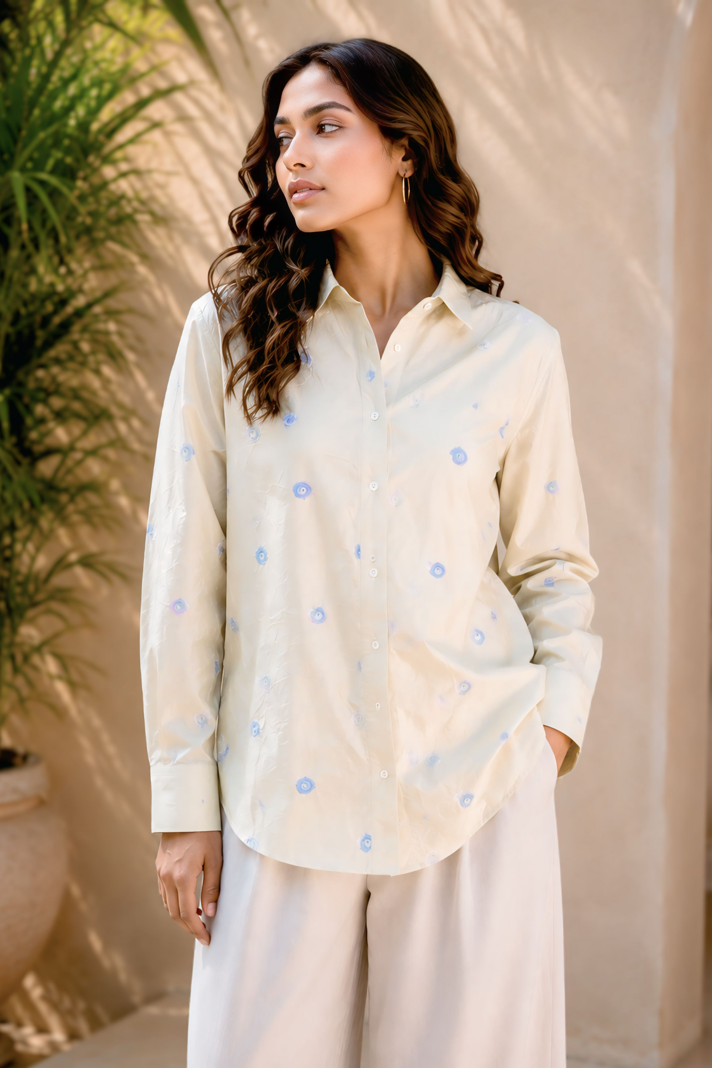 Pastel Yellow Floral Embroidered Shirt