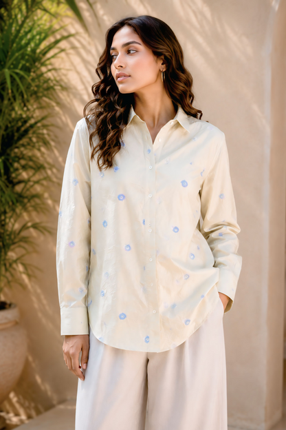 Pastel Yellow Floral Embroidered Shirt