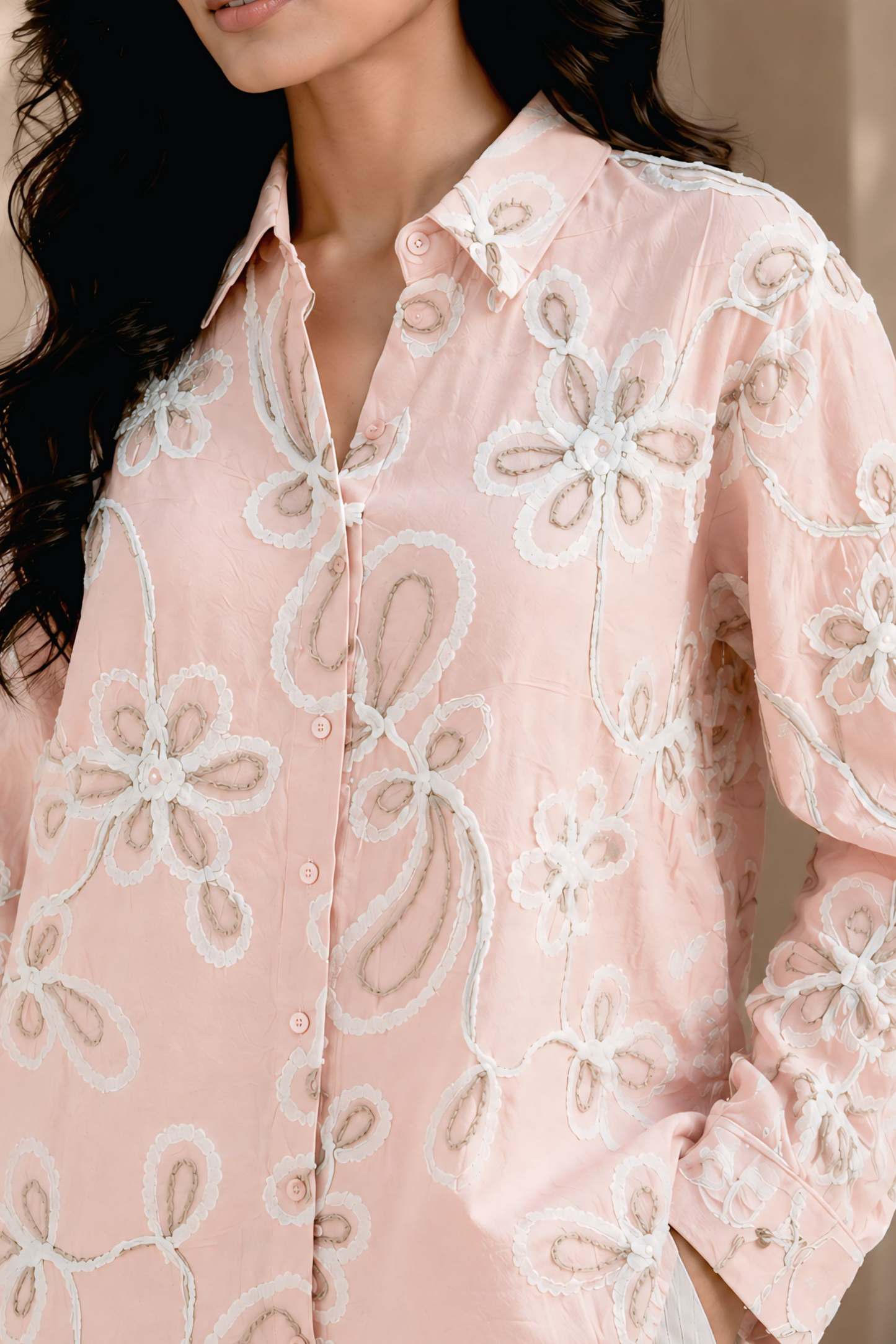 Blush Pink Floral Embroidered Shirt