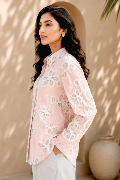 Blush Pink Floral Embroidered Shirt