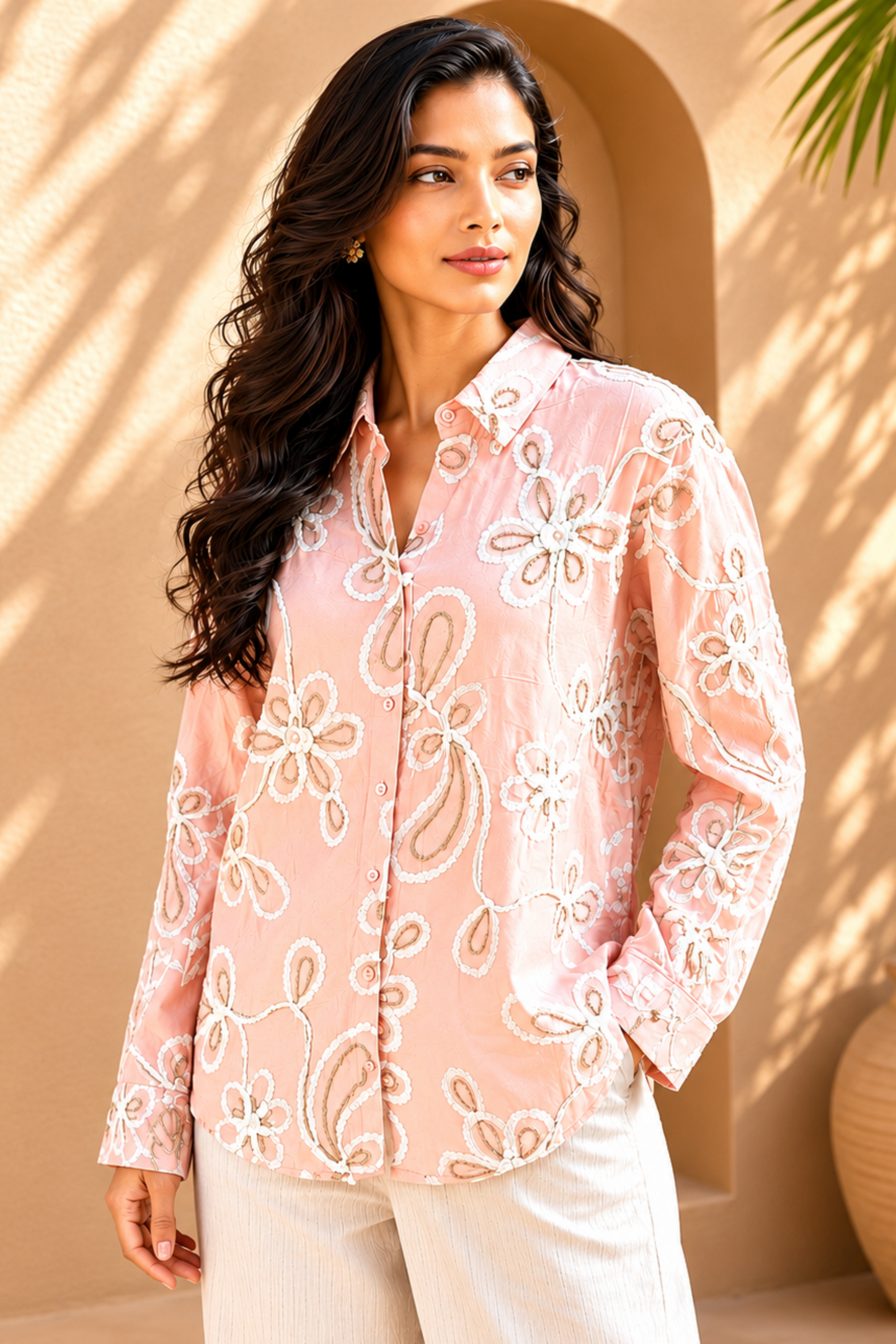 Blush Pink Floral Embroidered Shirt