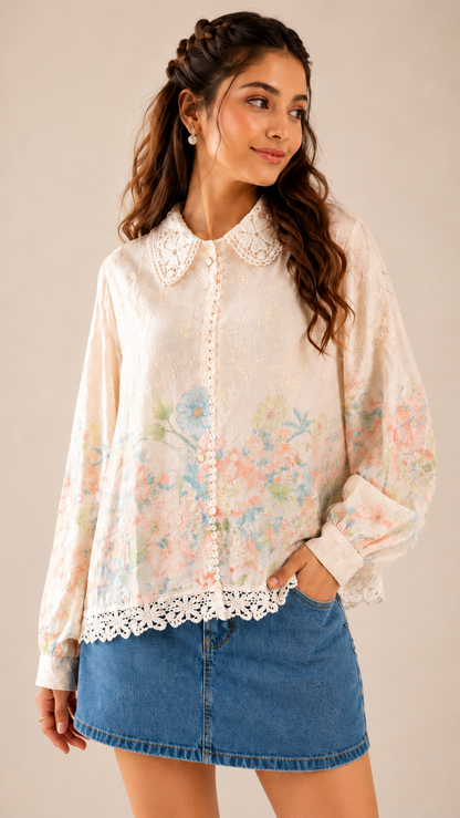 Dreamy Garden Lace Button Shirt for Women