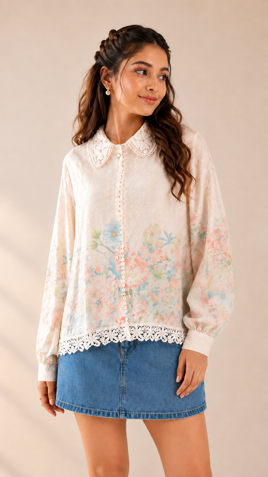Dreamy Garden Lace Button Shirt for Women