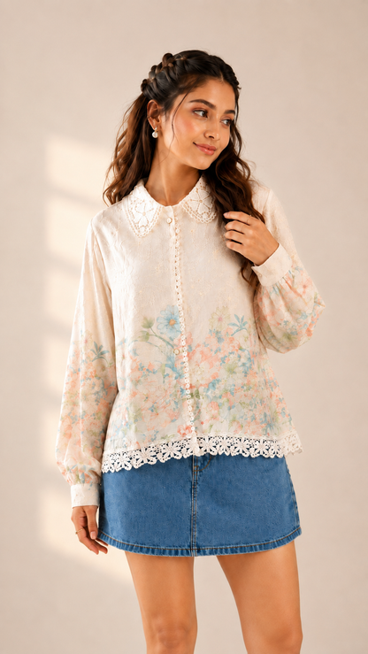 Dreamy Garden Lace Button Shirt for Women